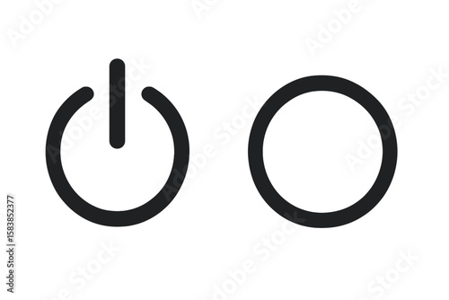 Power On Off Button Icons Set. Electrical Switch Symbols. Modern Minimalist Power Symbol and Off Circle. Black Vector Illustration Isolated on Transparent Background. Digital Device UI Elements