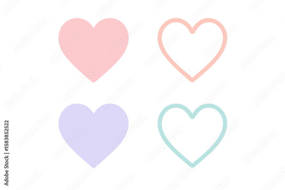 Heart shape icon set. Love symbols in soft pastel color. Cute romantic flat design icons. Simple minimalist hearts for Valentine's Day, wedding, and social media. Heart shape icon set. Love symbols in soft pastel color. Cute romantic flat design icons. Simple minimalist hearts for Valentine's Day, wedding, and social media.
