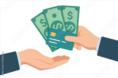 Business Payment Transaction Concept. Hand Giving Cash and Credit Card to Another Hand. Financial Exchange, Money Transfer, Investment, Purchase, Banking, E-commerce, Modern Flat Vector Illustration.