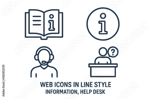 Customer Support and Information Web Icons Set in Modern Line Style. Info Symbol, Help Desk, User Manual, Guidebook, Reference, FAQ, Call Center, Assistance, Support Service, Website UI Elements.