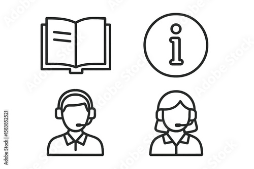 Customer Support and Information Web Icons Set in Modern Line Style—User Manual, Info, Help Desk, Guidebook, Reference, Male and Female Call Center Agents, Knowledge Support Symbols
