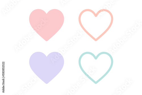 Heart shape icon set. Love symbols in soft pastel color. Cute romantic flat design icons. Simple minimalist hearts for Valentine's Day, wedding, and social media.