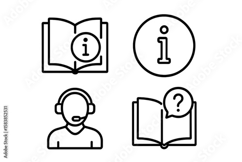 Set of 4 Information and Help Desk Line Icons for Web and Mobile Apps—User Manual, Guidebook, Customer Support, Reference, FAQ, Instruction, Info Symbol, Headset