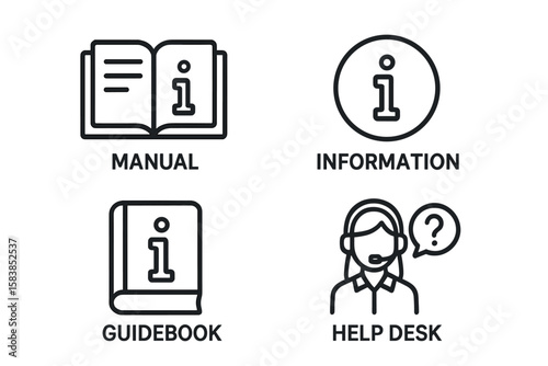 Set of 4 Information and Help Desk Line Icons for Web and Mobile Apps—User Manual, Guidebook, Reference, Customer Support, Instructions, Info Symbol, FAQ, Technical Assistance