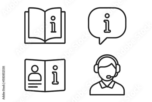 Set of 4 Information and Help Desk Line Icons for Web and Mobile Apps – User Manual, Guidebook, Customer Support, Info Speech Bubble, Reference Booklet, Technical Assistance