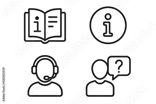 Information and Help Desk Web Icons Set. Line Style Vector Symbols for User Manual, Guidebook, Customer Support, Reference, FAQ, Assistance, and Info Center for Web and Mobile Apps
