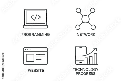 Modern Information Technology Line Icons Set: Programming, Network, Website, Technology Progress, Internet Devices, Web Development, Digital Connectivity, Mobile Innovation, Tech Growth
