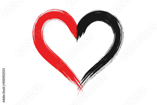 Red and black heart icon drawn with a grunge paint brush stroke. Artistic love symbol for Valentine's Day. Grungy ink sketch illustration isolated on white background.
