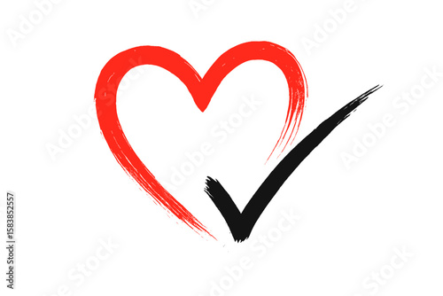 Red heart and black check mark. Hand drawn grunge icon. Love, vote, and choice symbol. Approved, good choice sign. Isolated vector illustration. Good health logo concept.