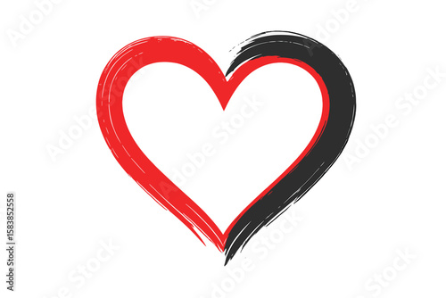 Red and black heart icon painted with a rough brush stroke. Hand-drawn grunge love symbol. Vector design element for concepts of passion, pain, duality, and heartbreak.