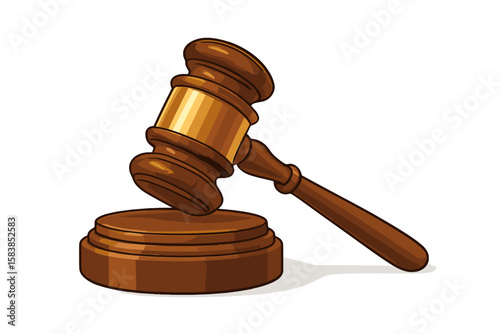 Judge’s Gavel and Sound Block. Wooden Courtroom Hammer for Law, Justice, Legal Decisions, Sentencing, Auctions. Symbol of Authority, Verdict, Legal Proceedings, Courtroom Icon. Vector Illustration.