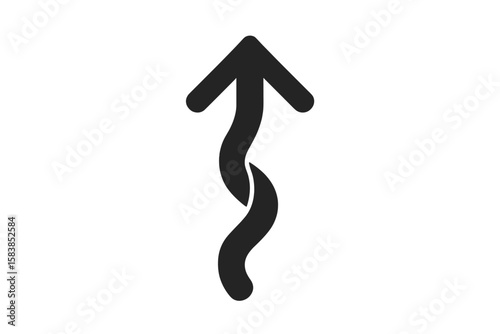 Wavy arrow pointing up. Concept of a complex path to success, business strategy, and overcoming challenges. Vector icon for progress, growth, direction, and solutions.