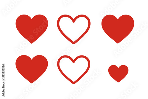 Red Heart Vector Icons Set – Filled and Outline Love Symbols, Large and Small, Bold Red Shapes, Minimalist Flat Design, Transparent Background, Romantic Holiday, Valentine’s Day Clipart