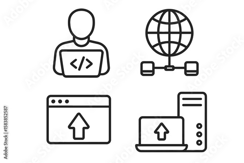 Modern Information Technology Line Icons Set – Programmer, Global Network, Website Upload, Computer Devices, Coding, Internet Progress, Web Development, Digital Communication, Tech Devices