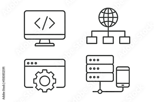 Modern Information Technology Line Icons Set. Web Development, Programming, Internet Network, Website Optimization, Server, Mobile Device, Cloud Computing, Digital Technology, UI/UX, Data Management