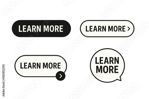Modern Learn More Web Buttons Set. Read More Call to Action Buttons for Website, Banner, Label, Sticker, UI/UX Design Template. Trendy Rounded and Speech Bubble Information Icons