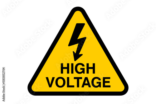 High Voltage Warning Sign Vector, Electrical Hazard Alert Symbol, Yellow Triangle with Black Lightning Bolt, Safety Notice, Industrial Danger, Transparent Background, Stock Illustration
