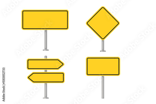Yellow road signs set with blank boards for text. Vector traffic signpost and warning sign mockup. Directional arrow signboard illustration isolated on transparent background.