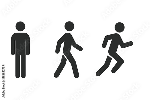 Standing, Walking, and Running Man Silhouette Icon Set. Human Figure Activity Poses. Person Stand, Walk, Run Symbol. Dynamic Motion Sequence. Vector Illustration Isolated on Transparent Background