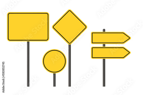 Blank yellow road sign collection. Traffic warning and direction arrow signs with empty space for text. Street signboard and post template. Vector mockup illustration set.