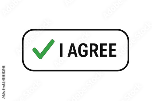 Modern "I Agree" Web Button Icon with Green Checkmark, User Interface Acceptance Symbol, Consent Confirmation Click Element, Flat Vector Illustration for Apps, Websites, Transparent Background