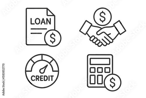 Loan and Credit Line Icons Set. Financial Agreement, Money Lending, Credit Score, Business Loan, Leasing, Interest Rate, Calculator. Modern Web Finance Symbols Collection.