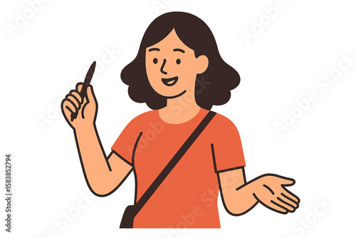 Friendly Female Character Explaining with Pen, Smiling Woman in Orange Shirt, Hand Gesture, Cartoon Vector Illustration, Transparent Background, Education, Teaching, Communication Concept