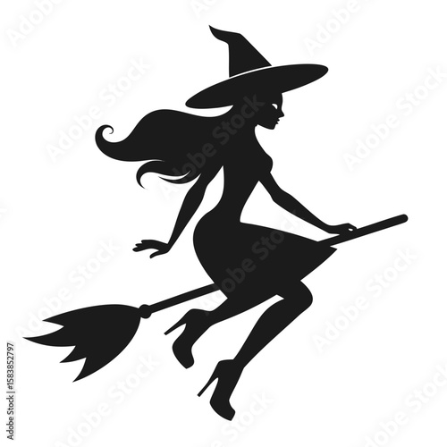 Silhouette of a wavy haired witch flying on a broomstick under a full moon a classic  icon