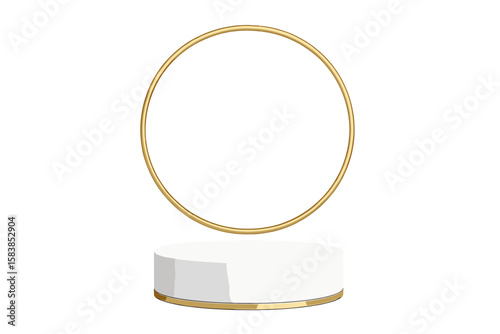 Simple white podium with golden ring for product presentation. Blank 3D pedestal stage for luxury cosmetic display, advertising, and awards. Minimal mockup vector scene.