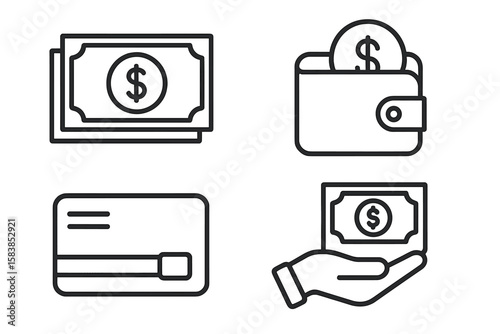 Money and Finance Line Icons Set. Payment Methods, Cash, Dollar, Credit Card, Wallet, Banking, Business, Financial Transactions, Commerce, Savings, Currency, Web and Mobile App Design