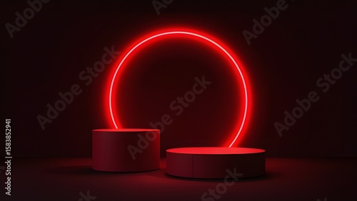 Abstract neon background with pedestal. 3d podium with red neon circle. Abstract background for promotion goods. Vector illustration with blank space. Minimal concept banner. Mockup template.