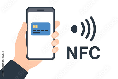 NFC Mobile Payment Technology Vector. Hand Holding Smartphone with Credit Card on Screen. Contactless Wireless Payment Symbol. Near Field Communication Icon. Secure Digital Wallet Transaction Concept.