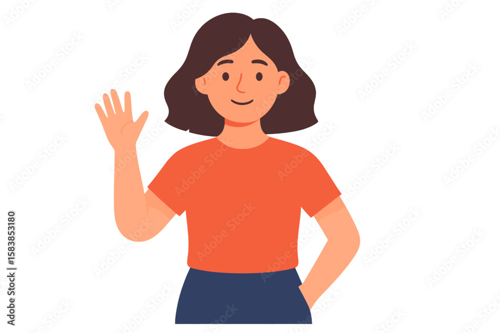 Friendly Woman Waving Hand Greeting, Cartoon Character with Short Dark Hair, Casual Orange Shirt, Blue Pants, Isolated on White, Welcoming Gesture, Flat Vector Illustration Friendly Woman Waving Hand Greeting, Cartoon Character with Short Dark Hair, Casual Orange Shirt, Blue Pants, Isolated on White, Welcoming Gesture, Flat Vector Illustration