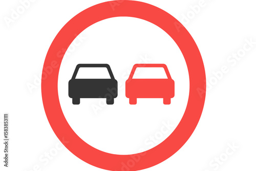 No Overtaking Road Sign Vector Illustration, Red Circular Traffic Warning Symbol, Black and Red Cars, Isolated on White Background, European Highway Safety Regulation, Transparent PNG