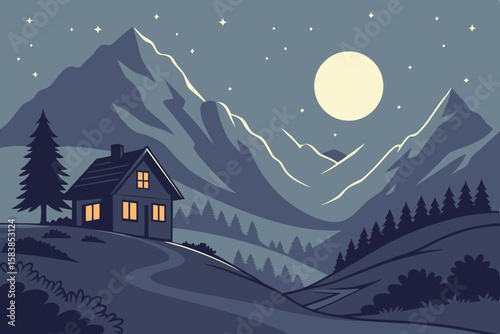 Cozy cabin nestled in moonlit mountains at night landscape