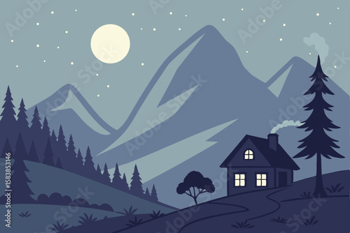 Cozy cabin nestled in serene mountain landscape under moonlight