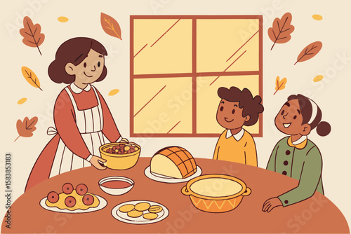 Family enjoying a Thanksgiving meal with autumn leaves