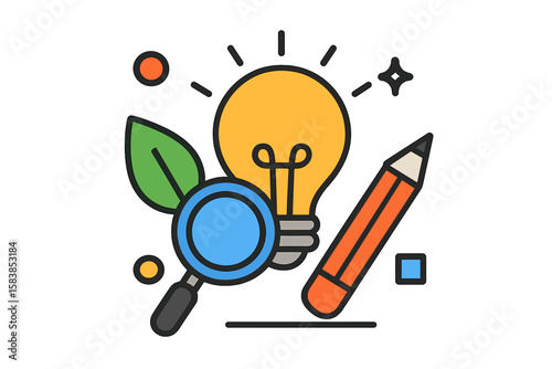 Creative process concept. Idea, research, and creation icon set. Lightbulb for innovation, magnifying glass for analysis, pencil for design. Green leaf for sustainability.