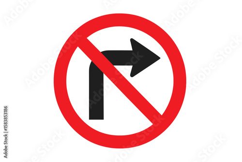 No Right Turn Traffic Sign Vector Illustration. Prohibited Direction Road Symbol. Red Circle Warning. Urban Street Safety. Regulatory Signage. Black Arrow. Isolated Transparent Background.