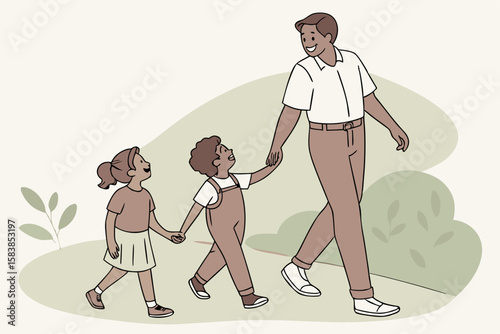 Father and two children walking hand in hand outdoors