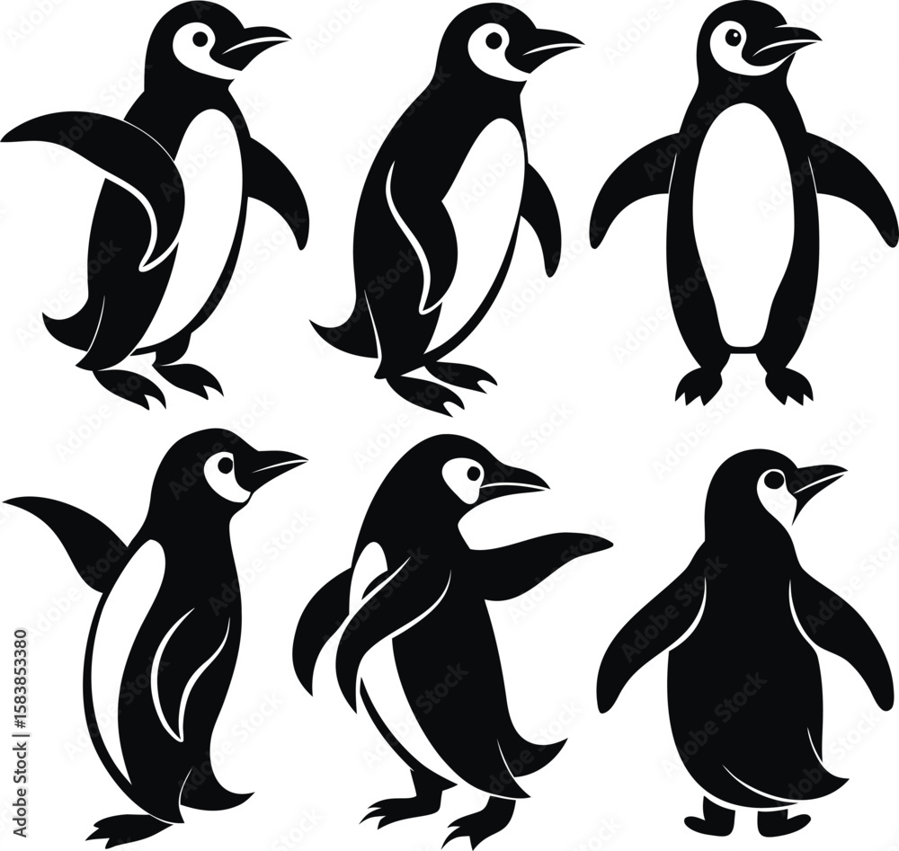 Naklejka premium Penguin Silhouette Set – Antarctic Bird Vector Collection in Walking and Standing Poses