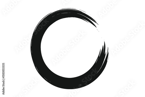 Hand-Drawn Black Ink Brushstroke Circle. Japanese Zen Enso Symbol. Artistic Grunge Circular Frame. Abstract Painted Round Brush Swirl. Minimalist Ink Wash Design. Vector Art on Transparent Background.