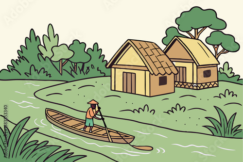 Person paddling boat near thatched houses and trees