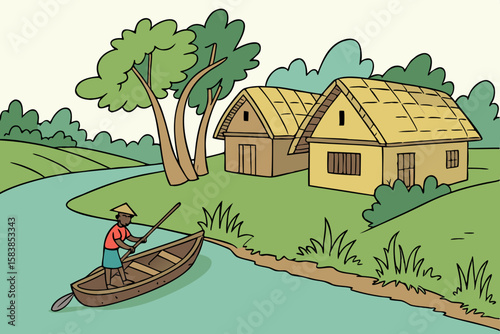 Person rowing boat near thatched houses by river water