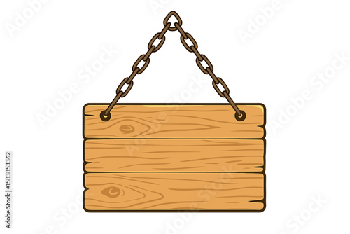 Blank Wooden Hanging Sign Board with Metal Chain, Rustic Vintage Wood Plank, Empty Shop Store Signage, Isolated Vector Clipart for Business, Cafe, Restaurant, Doorplate, Transparent Background