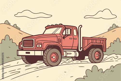 Red flatbed truck driving on a dirt road vehicle transportation