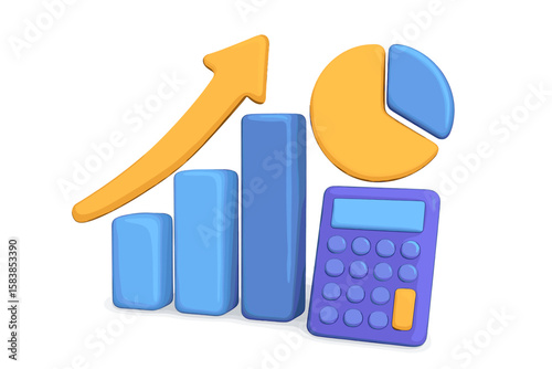 3D vector business analytics concept with financial charts. Bar graph with growing arrow, pie chart, and calculator for data analysis, investment, and market statistics.