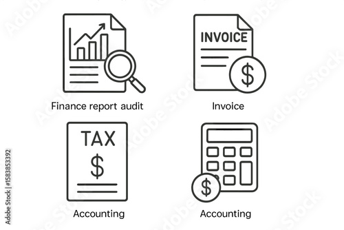 Accounting icon set in thin line style. Business and finance pictograms for web and mobile. Financial report audit, invoice, tax return, and calculator icons vector.