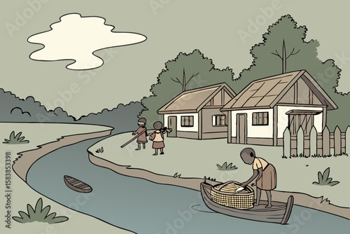 Rural village scene with people by a river and houses