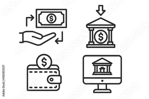 Banking and finance line icon set. Money transaction, bank deposit, digital wallet, online banking icons. Business and financial symbols for web and mobile app design.